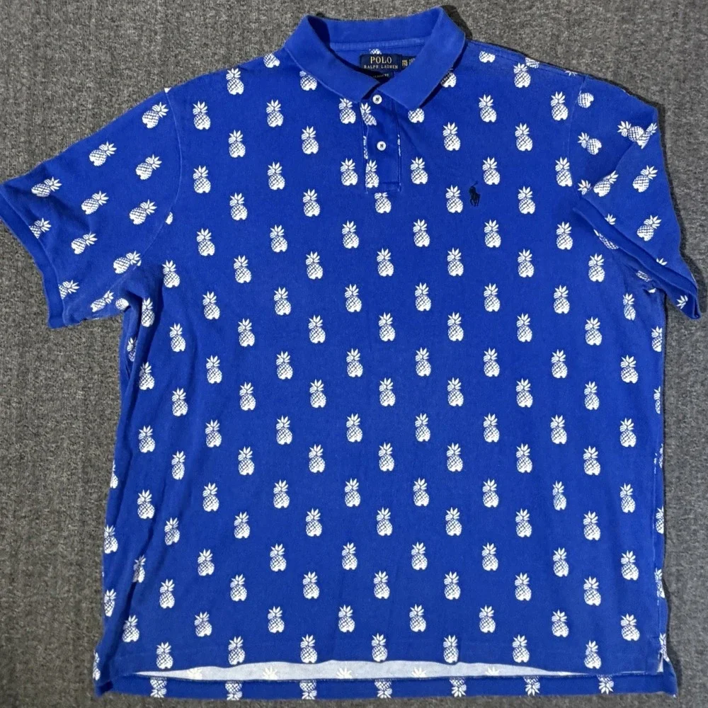 Polo Ralph Lauren Polo Shirt Mens Blue Pineapple Print Classic Fit Cotton XXL